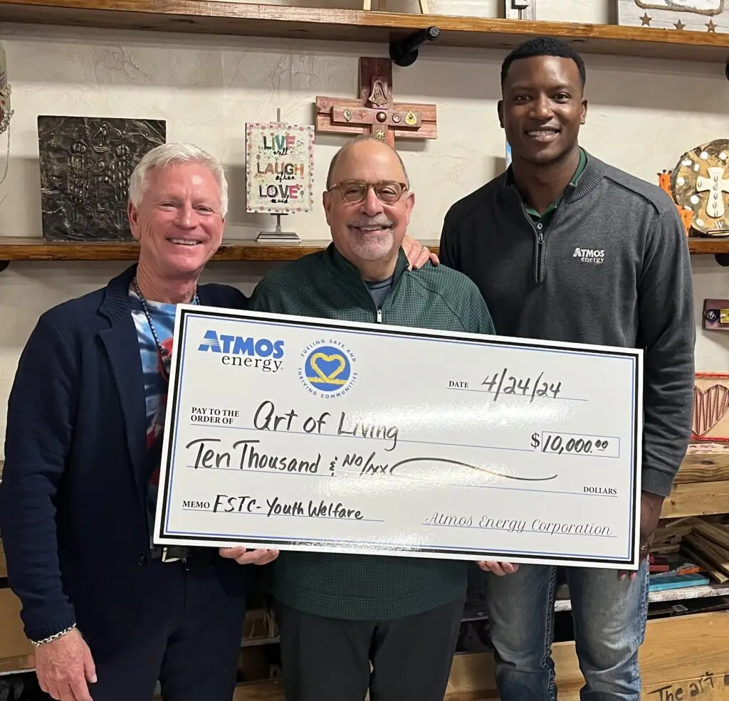 The Art of Living is so grateful to Atmos Energy for their generous donation in support of our homeless youth programs and mission here in Fort Worth. Pictured for the check presentation are Bryan Walsh, Founder of The Art of Living, Nick Colletti, Executive Director of the Art of living, and Devante Davis from Atmos Energy.